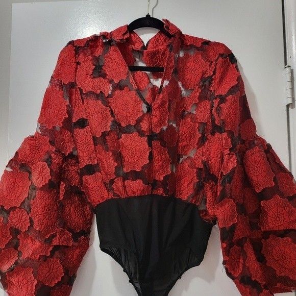 Flower Red Sheer Bodysuit Size Large - Picture 4 of 10